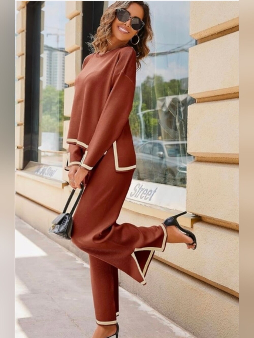 Women's 2 Pc Long Sleeve Sweater Top with Wide Leg Cropped Pants